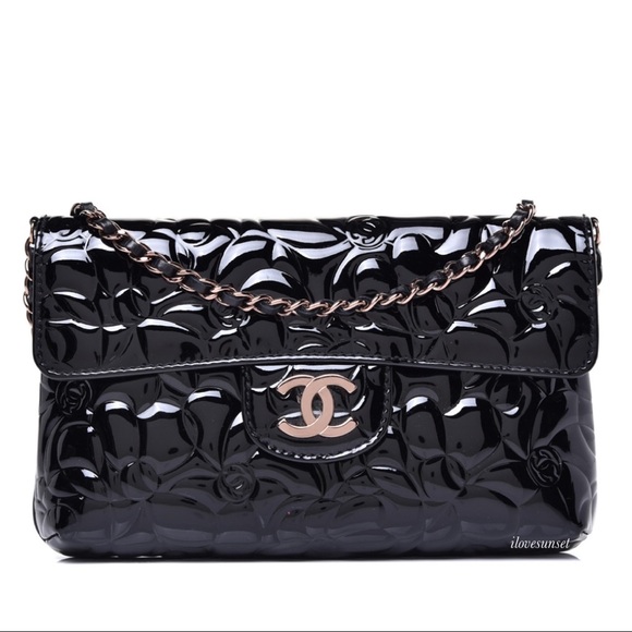 {CHANEL} Patent Camellia Black Crossbody Flap Bag